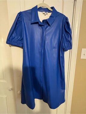 Faux Leather Mini Dress in Royal Blue with Puff Sleeves